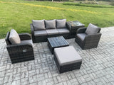 Fimous Garden Furniture Sets 6 Seater Wicker Rattan Furniture Patio Sofa Sets with Reclining Chair 3 Seater Sofa Big Footstool Side Table Dark Grey Mixed