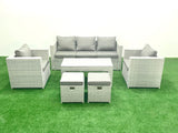 Fimous Rattan Garden Furniture Set 7 Seater Outdoor Garden Sofa Oblong Coffee Table Set with 2 Chairs 2 Stools Light Grey Mixed