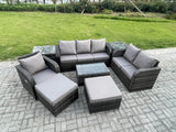 Fimous Outdoor Garden Furniture Sets 8 Pieces Wicker Rattan Furniture Sofa Sets with Rectangular Coffee Table Loveseat Sofa 2 Big Footstool 2 Side Tables