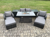 Fimous Patio Outdoor Rattan Garden Furniture Set Propane Gas Fire Pit Table Burner with Love seat Sofa 2 Big Footstool 2 Side Tables