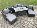Fimous Patio Outdoor Rattan Garden Furniture Set Propane Gas Fire Pit Table Burner with Love seat Sofa 2 Big Footstool 2 Side Tables