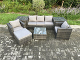 Fimous Wicker 7 Pieces Rattan Garden Furniture Sofa Set with Armchair 2 Side Tables Square Coffee Table Big Footstool Dark Grey Mixed