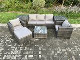 Fimous Wicker 7 Pieces Rattan Garden Furniture Sofa Set with Armchair 2 Side Tables Square Coffee Table Big Footstool Dark Grey Mixed