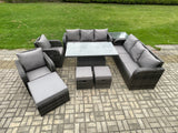 Fimous Wicker PE Rattan Outdoor Garden Furniture Sets Height Adjustable Rising lifting DiningTable Sofa Set with Reclining Chair Side Table 3 Footstools Dark Grey Mixed