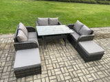 Fimous Patio Rattan Garden Furniture Set with Oblong Rectangular Dining Table 2 Big Footstool 8 Seater Outdoor Lounge Loveseat Sofa Set Dark Grey Mixed