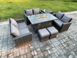 Fimous High Back Rattan Garden Furniture Sofa Sets with Outdoor Furniture Gas Firepit Dining Table Set Side Table 2 Small Footstools Dark Grey Mixed