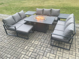 Fimous Aluminium 10 Seater Garden Furniture Outdoor Set Patio Lounge Sofa Gas Fire Pit Dining Table Set with Big Footstool 2 Side Tables Dark Grey