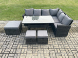 Fimous 9 Seater Garden Rattan Furniture Corner Sofa Dining Table Chair Set with 2 Small Footstools Indoor Outdoor Lounge Sofa Set