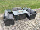 Fimous Rattan Outdoor Garden Furniture Sofa Set Gas Fire Pit Dining Table Gas Heater with 2 Side Tables Love Sofa Dark Grey Mixed