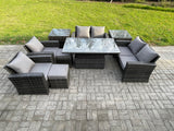 Fimous Outdoor Garden Furniture Sets 9 Pieces Wicker Rattan Furniture Sofa Dining Table Set with 2 Small Footstools 2 Side Tables Dark Grey Mixed