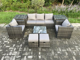 Fimous Wicker 8 Pieces Rattan Garden Furniture Sofa Set with Armchair 2 Side Tables Square Coffee Table 2 Small Footstools Dark Grey Mixed