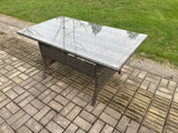 Fimous 6 Seater PE Wicker Rattan Garden Furniture Set Love Sofa Outdoor Rectangular Dining Table 2 Big Footstool Dark Grey Mixed