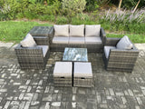 Fimous Wicker 7 Pieces Rattan Garden Furniture Sofa Set with Armchair Side Table Square Coffee Table 2 Small Footstools Dark Grey Mixed