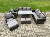 Fimous Wicker PE Rattan Outdoor Garden Furniture Sets Height Adjustable Rising lifting DiningTable Sofa Set with Reclining Chair 3 Footstools Dark Grey Mixed