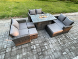 Fimous High Back Rattan Garden Furniture Sofa Sets with Outdoor Furniture Gas Firepit Dining Table Set 3 Footstools Dark Grey Mixed