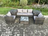 Fimous Wicker 6 Pieces Rattan Garden Furniture Sofa Set with Armchair 2 Side Tables Square Coffee Table Dark Grey Mixed