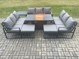 Fimous Aluminium 11 Seater Garden Furniture Outdoor Set Patio Lounge Sofa Gas Fire Pit Dining Table Set with 2 Big Footstools Side Table Dark Grey