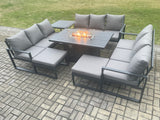 Fimous Aluminium 11 Seater Garden Furniture Outdoor Set Patio Lounge Sofa Gas Fire Pit Dining Table Set with 2 Big Footstools Side Table Dark Grey
