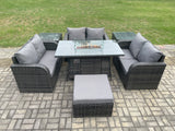 Fimous Rattan Outdoor Garden Furniture Sofa Set Gas Fire Pit Dining Table Gas Heater with 2 Side Tables Love Sofa Big Footstool Dark Grey Mixed