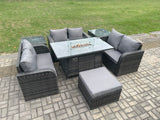 Fimous Rattan Outdoor Garden Furniture Sofa Set Gas Fire Pit Dining Table Gas Heater with 2 Side Tables Love Sofa Big Footstool Dark Grey Mixed