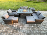 Fimous Outdoor Garden Furniture Sets 9 Pieces Wicker Rattan Furniture Gas Firepit Dining Table Sofa Set with 3 Footstools Side Table Dark Grey Mixed