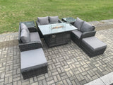 Fimous Rattan Outdoor Garden Furniture Sofa Set Gas Fire Pit Dining Table Gas Heater with 2 Side Tables Love Sofa 2 Big Footstool Dark Grey Mixed