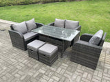 Fimous Dark Grey PE Wicker Rattan Garden Furniture Set Reclining Chair Love Sofa 2 Seater Sofa Set Outdoor Rectangular Dining Table 2 Stools 5 Seater