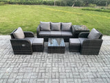 Fimous Garden Furniture Sets 7 Seater Wicker Rattan Furniture Patio Sofa Sets with Reclining Chair 3 Seater Sofa Side Table 2 Small Footstools Dark Grey Mixed