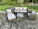 Fimous 6 Seater Outdoor Lounge Sofa Set Wicker PE Rattan Garden Furniture Set with Armchair Square Coffee Table Big Footstool Dark Grey Mixed