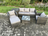 Fimous 6 Seater Outdoor Lounge Sofa Set Wicker PE Rattan Garden Furniture Set with Armchair Square Coffee Table Big Footstool Dark Grey Mixed