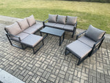 Fimous Aluminium 6 Pieces Garden Furniture Set with Cushions 9 Seater Outdoor Patio Lounge Sofa Set with Armchair 2 Big Footstools Dark Grey