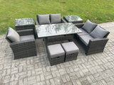 Fimous Outdoor Garden Dining Set Wicker PE Rattan Furniture Sofa with Rectangular Dining Table Double Seat Sofa 2 Side Tables 2 Small Footstools Dark Grey Mixed