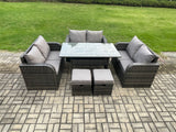 Fimous 8 Seater Outdoor Rattan Garden Furniture Set with Patio Rectangular Dining Table Love Sofa 2 Small Footstools Dark Grey Mixed