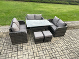Fimous 8 Seater Outdoor Rattan Garden Furniture Set with Patio Rectangular Dining Table Love Sofa 2 Small Footstools Dark Grey Mixed