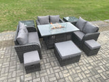 Fimous Outdoor Rattan Furniture Garden Dining Set Gas Fire Pit Table with 2 Side Tables Love Sofa 3 Footstools Dark Grey Mixed