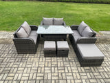 Fimous 9 Seater Outdoor Rattan Garden Furniture Set with Patio Rectangular Dining Table Love Sofa 3 Footstools Dark Grey Mixed