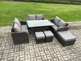 Fimous 9 Seater Outdoor Rattan Garden Furniture Set with Patio Rectangular Dining Table Love Sofa 3 Footstools Dark Grey Mixed