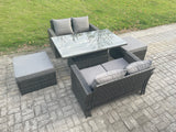 Fimous 5 Pieces Garden Furniture Sets Poly Rattan Outdoor Patio Height Adjustable Rising Lifting Table Sofa Dining Set with 2 Big Footstool