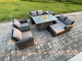 Fimous Wicker PE Rattan Garden Furniture Sets 7 Seater Patio Outdoor Gas Firepit Dining Table Heater Set with Double Seat Sofa Side Table Big Footstool Dark Grey Mixed