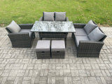Fimous Wicker Rattan Garden Dining Set Outdoor Furniture Sofa with Dining Table Double Seat Sofa 2 Small Footstools Dark Grey Mixed