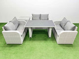 Fimous 6 Seater Patio Garden Furniture Sets with Black Glass Top Dining Table Love Sofa Side Table Light Grey