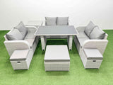 Fimous 9 Seater Patio Garden Furniture Sets with Black Glass Top Dining Table Love Sofa Side Table 3 Stool Light Grey