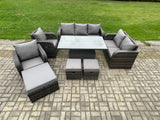 Fimous Wicker PE Rattan Outdoor Garden Furniture Sets Height Adjustable Rising lifting Dining Table Reclining Chair Sofa Set with 3 Footstools Dark Grey Mixed