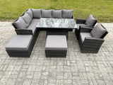 Fimous Outdoor Garden Furniture Set Wicker PE Rattan Height Adjustable Rising Lifting Table Sofa Dining Set with 2 Big Footstool 2 Armchairs Dark Grey Mixed