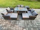 Fimous Outdoor Garden Furniture Sets 8 Pieces Wicker Rattan Furniture Gas Firepit Dining Table Sofa Set with 2 Big Footstool Side Table Dark Grey Mixed