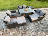 Fimous Outdoor Garden Furniture Sets 8 Pieces Wicker Rattan Furniture Gas Firepit Dining Table Sofa Set with 2 Big Footstool Side Table Dark Grey Mixed
