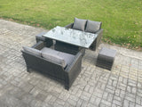 Fimous 5 Pieces Garden Furniture Sets Poly Rattan Outdoor Patio Height Adjustable Rising Lifting Table Sofa Dining Set with 2 Small Footstools