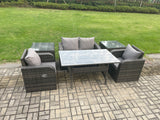 Fimous Outdoor Rattan Garden Furniture Lounge Sofa Set With Oblong Rectangular Dining Table 2 PC Reclining Chair 2 PC Side Tables