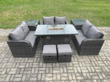Fimous 8 Seater Outdoor Rattan Furniture Garden Dining Set Gas Fire Pit Table with Side Table Love Sofa 2 Small Footstools Dark Grey Mixed