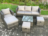 Fimous 6 PCS Outdoor Lounge Sofa Set Wicker PE Rattan Garden Furniture Set with Armchair Square Coffee Table 3 Small Footstools Dark Grey Mixed